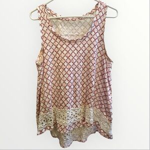 LOFT Red and White Sleeveless Blouse with Lace Detail